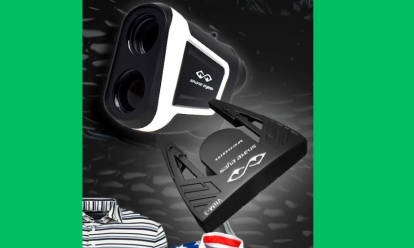 This photo shows us the handy golf range finder offered in this giveaway. It also gives a teaser and a peek at the polo shirts that will go to a runner up!
