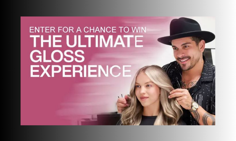 In this photo is a woman having her hair styled by a New York stylist. The wording says "enter for a chance to win the ultimate Gloss Experience"!