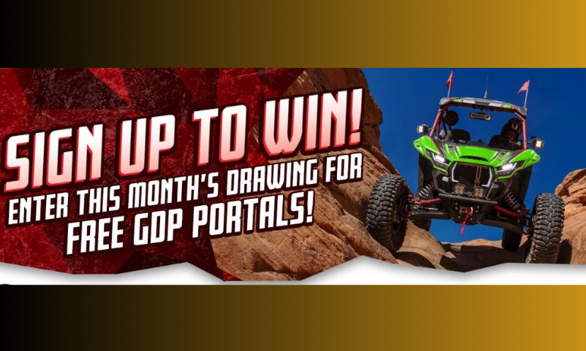 This photo shows a bright green ATV running at its best over rocky terrain thanks to this giveaway! The text says "sign up to win this month's drawing for free GDP portals!"