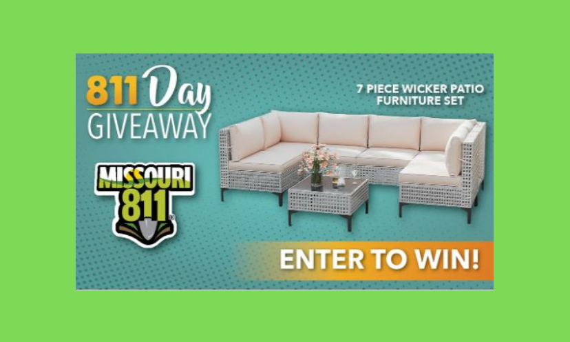 This photo features the seven piece outdoor furniture offered in this giveaway. It includes the caption "811 Day Giveaway" along with the Missouri 811 logo!