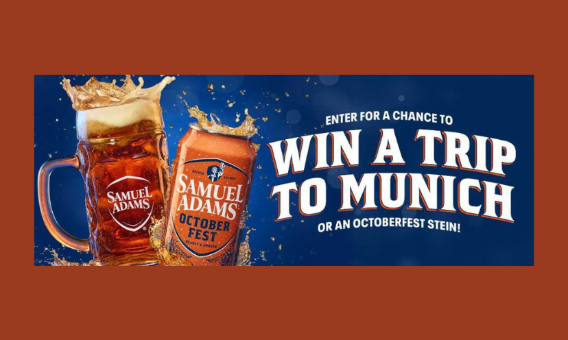 This photo features a stein and a can of Samuel Adams beer along with the text " enter for a chance to win a trip to Munich or an Oktoberfest stein!"
