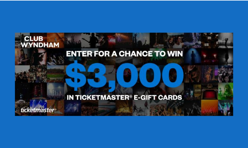 This photo is a collection of thumbprints that feature all sort of entertainment such as concerts, sports and more. In the forefront it says "enter for a chance to win $3,000 in Ticketmaster E-gift cards! It also includes the Club Wyndham logo!
