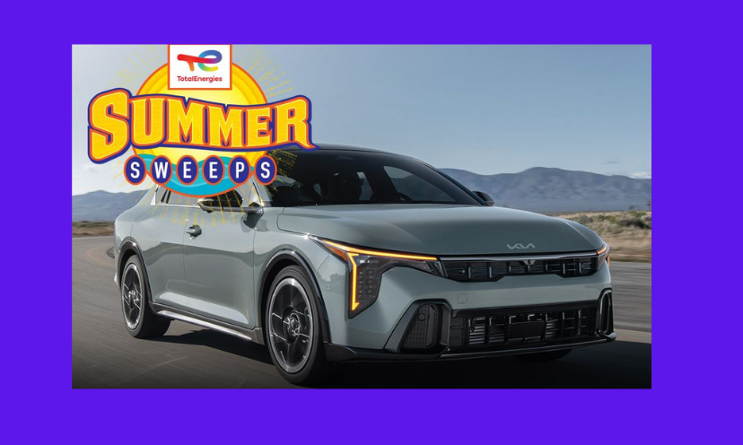 Tis is a photo of the car that one lucky winner will soon be driving home. It is the 2025 Kia sedan and the caption says "TotalEnergies Summer Sweeps"!