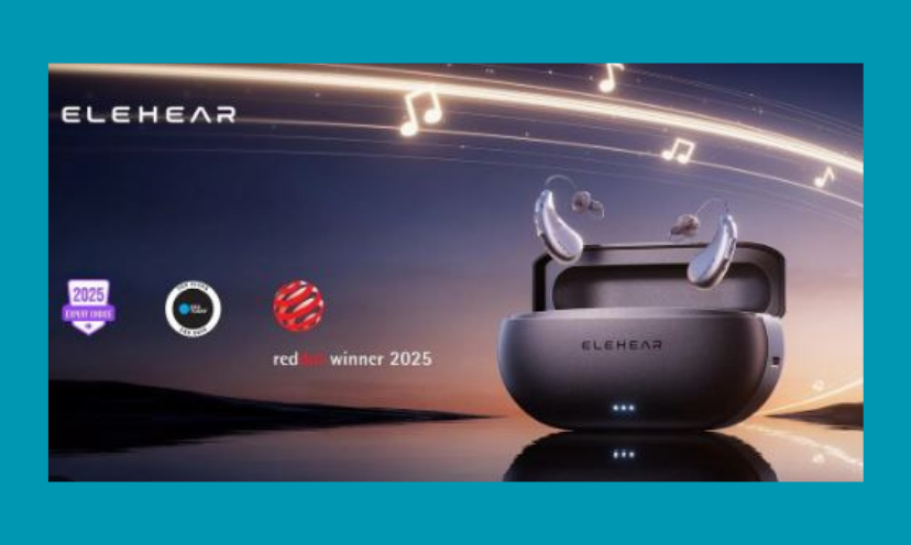 This photo is that of the hearing aids being given to one lucky winner! It is stamped with the ELEHEAR logo along with mention of awards they have won!