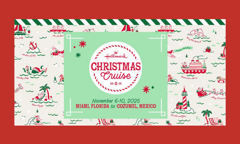 This festive photo has a background of holiday/cruise related drawings including palm trees, ships, beaches, dolphins and more. In the center is the giveaway info beginning with the title "Hallmark Christmas Cruise 2025"!