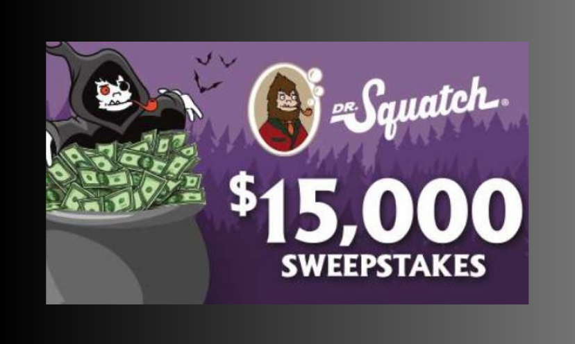 This photo is a bit creepy mixed with major generosity. In big letters it says "Dr Squatch $15,000 Giveaway". Followed with the Squatch mascot hovered over a cauldron of cash!