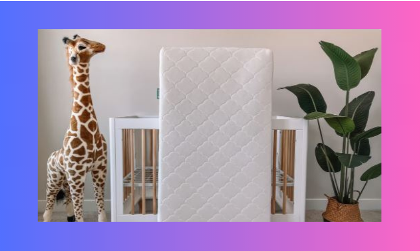 This photo gives us a look at the Newton baby crib mattress in this giveaway. The set up is adorable as well with an extra tall stuffed giraffe standing by the bed!