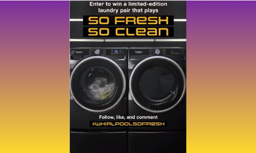 This is a photo of the washer and dryer with bling that you could soon win! The caption says "enter to win a limited edition laundry pair that plays SO FRESH SO CLEAN"!