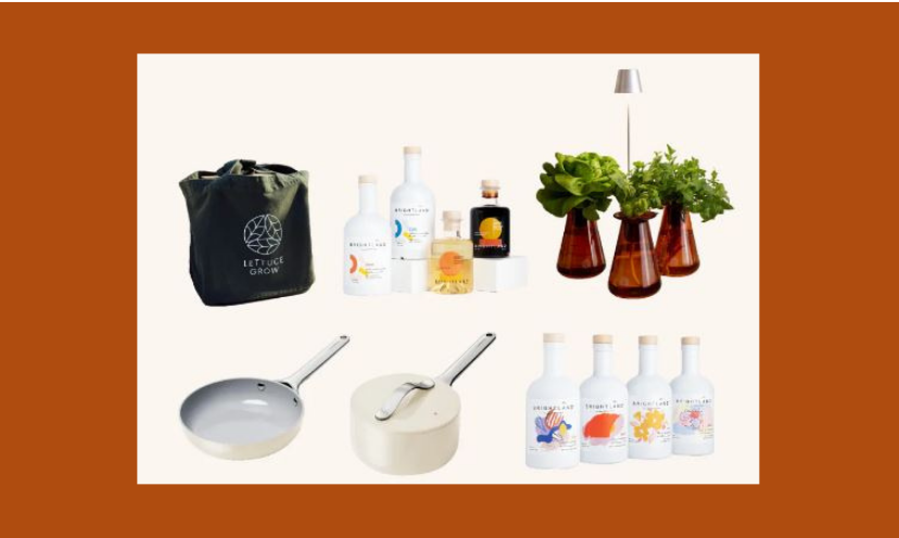 This photo shares each prize in this giveaway including the cookware, oils, grow garden and more!