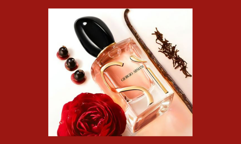 This is a photo of a beautiful bottle of Armani Si Eau de parfum. It is surrounded by the outstanding notes that create this scent...rose, cinnamon, blackcurrant nectar, and patchouli!