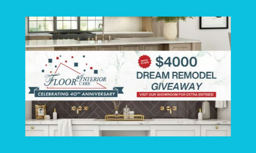 This photo is the official ad for this home makeover giveaway. It shows a glimpse of two kitchen countertops and backsplashes while surrounded with the sponsors logo and the giveaway name..."$4,000 Dream Remodel Giveaway"!