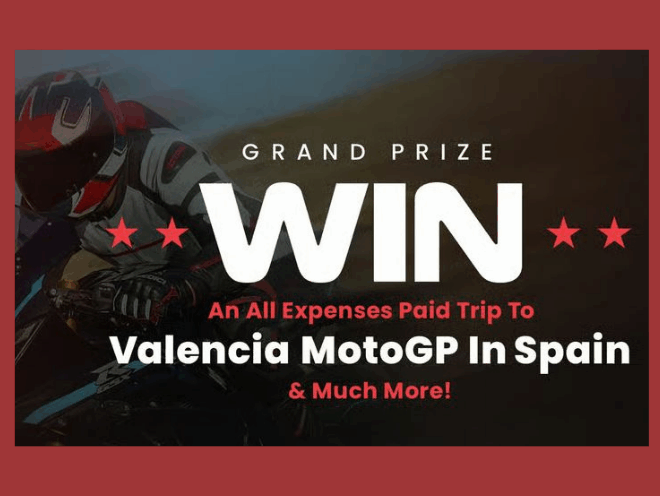 Enter to Win a Trip to Spain, Entrance to MotoGP, a Race Suit, Boots, Gloves, Helmet and Airbag!