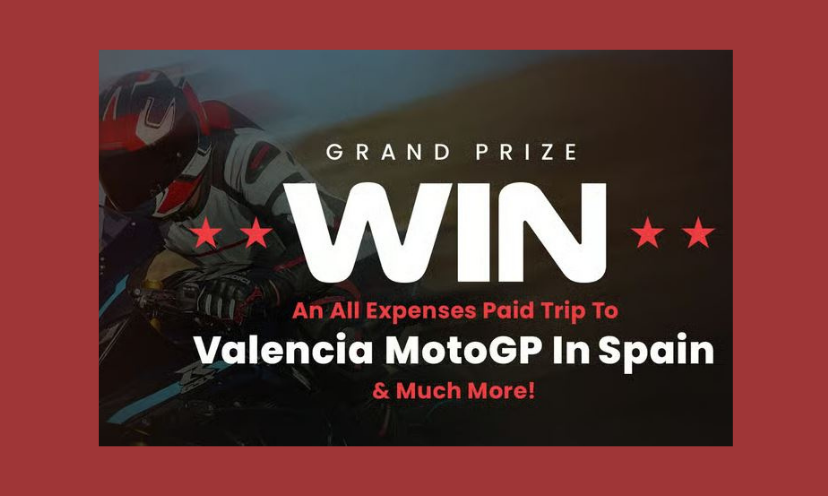 This photo shares the sweepstakes info with a rider catching up in the corner. The text says "Grand Prize WIN an all expenses paid trip to Valencia MotoGP in Spain & Much More!"