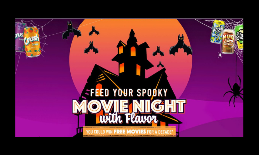 This photo features a full moon with a haunted house and bats flying overhead. The caption says "feed your spooky movie night with flavor" and "you could win free movies for a decade"!