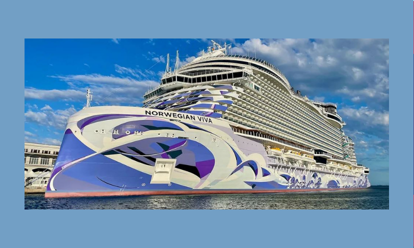 This is an up close and detailed picture of a Norwegian cruise ship sitting in pristine ocean waters!