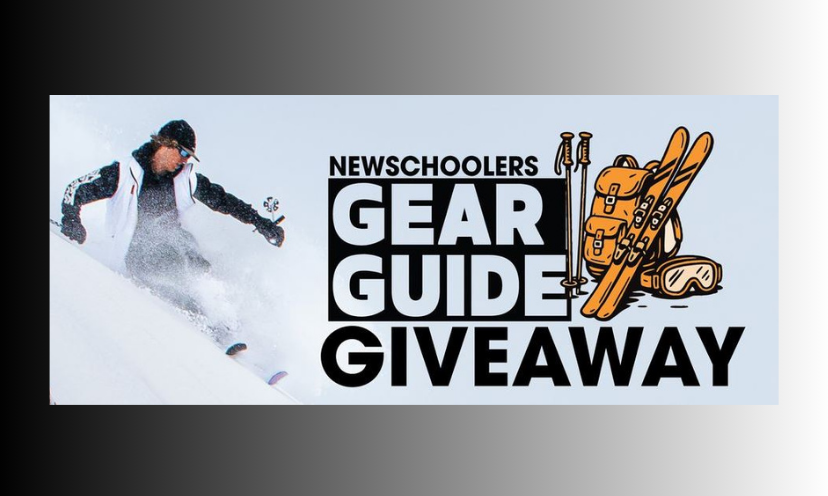 This photo features a real skier, a drawing of ski gear and the caption "NEWSCHOOLERS Gear Guide Giveaway"!