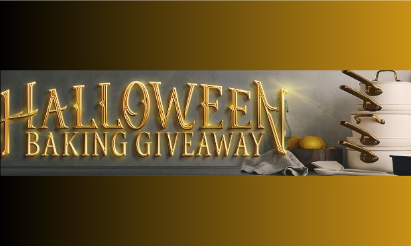 This photo is a banner of such that starts with golden letters that spell out "Halloween Baking Giveaway"...followed by a beautiful set of GreenPan cookware!