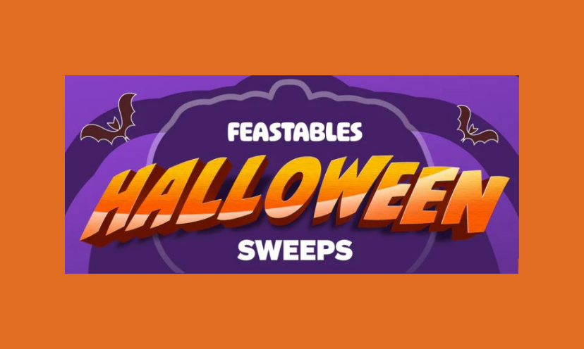 This is a Halloween themed photo with a purple banner that includes the caption "Feastables Halloween Sweeps" along with black bat images hovering over a purple pumpkin outline!