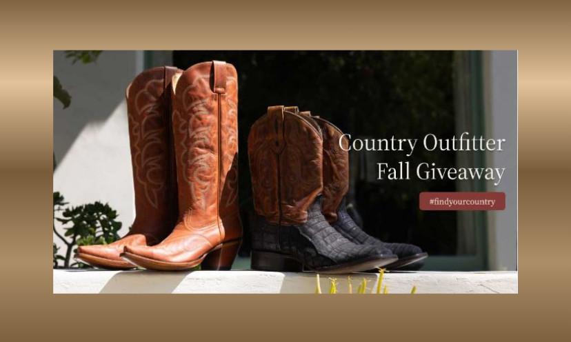 This photo features two examples of quality boots from Country Outfitters. The caption says "Country Outfitters Fall Giveaway"!
