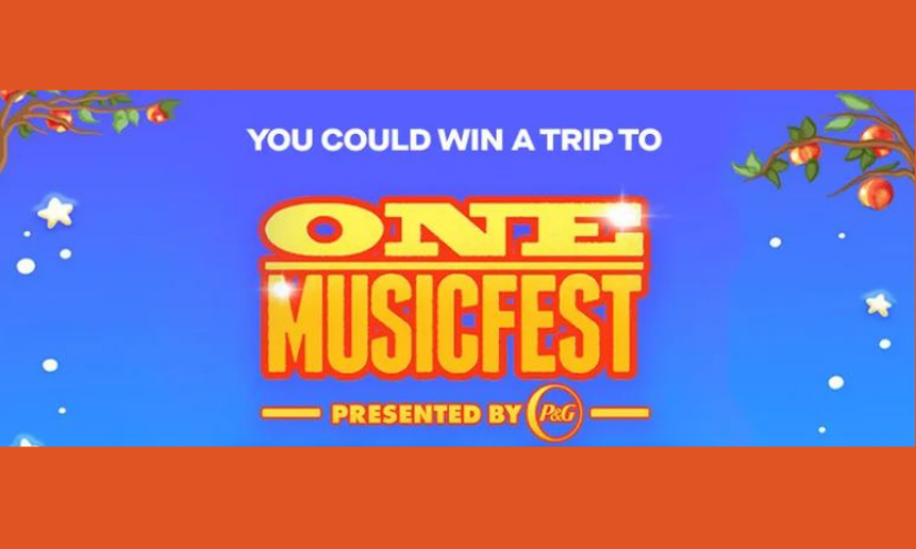 This bright photo says the following: You could win a trip to ONE Music Fest" Presented by P&G!