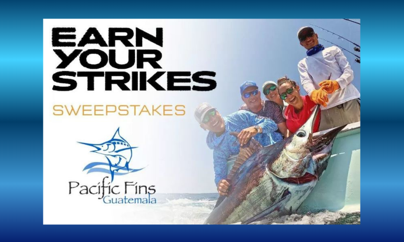 This photo features a fishing boat full of passengers amazed at their incredible catch. The caption says "Earn Your Strikes Sweepstakes" followed by the Pacific Fins logo!