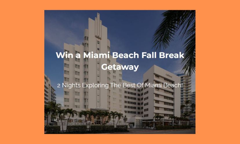 This is a photo of a Miami destination complete with a majestic hotel surrounded by palm trees. Its the perfect picture of a fabulous Miami vacation. The caption says " Win a Miami Beach Fall Break Getaway"!