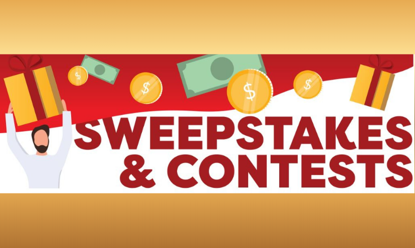 This photo features the title "Sweepstakes and Contests" with pretend money images floating above.