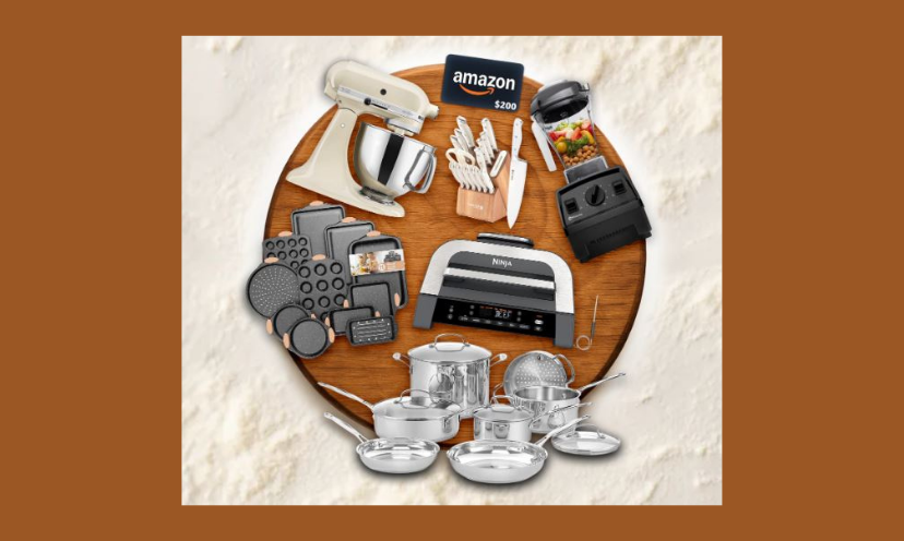 This photo captures each prize offered in this giveaway. Showcased on a wooden board is the Amazon gift card, stand mixer, bakeware set, cookware, knife set and Ninja 6-in 1 grill!