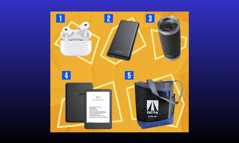 This photo shows each of the prizes offered to those that commit to sharing a ride. The list includes an Airpods Pro, a portable battery charger power bank, a YETI Rambler, an Amazon Kindle and an OCTA tote bag!