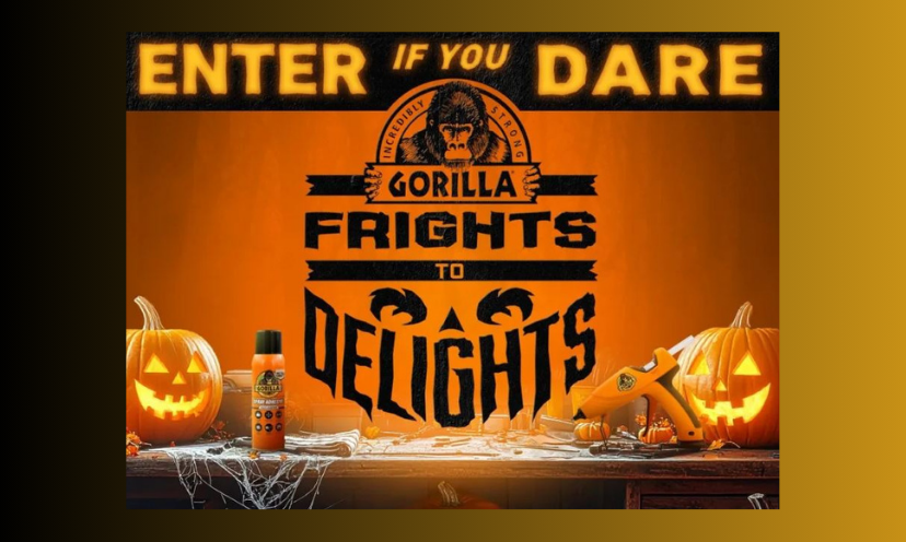 This photo is here to lure you in for a win as it features two glowing pumpkins, spider web and Gorilla Glue products along with their logo. The caption says "Enter if you Dare...Gorilla Frights to Delights"!