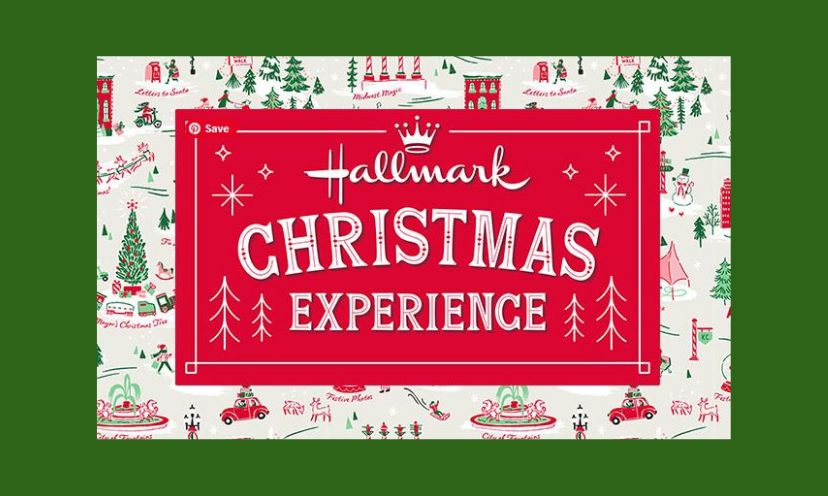 This photo looks like a Hallmark banner against festive wrapping paper. The caption on solid red says "Hallmark CHRISTMAS EXPERIENCE"!