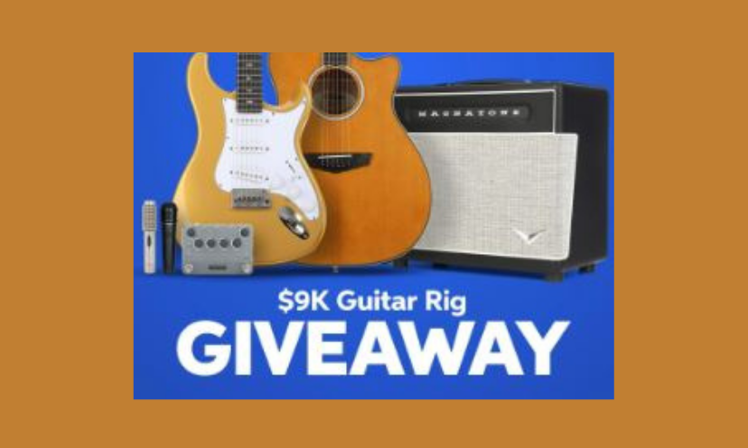 This photo shows a portion of what this giveaway includes...two guitars, microphones, speakers and more. The caption says "$9k Guitar Rig Giveaway"!