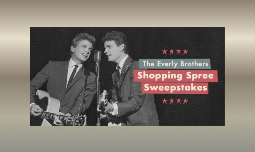 This starts with a black and white photo of the Everly Brothers, standing at the microphone with guitars in hand. It is followed by red, white and blue banners that say "The Everly Brothers Shopping Spree Sweepstakes"!