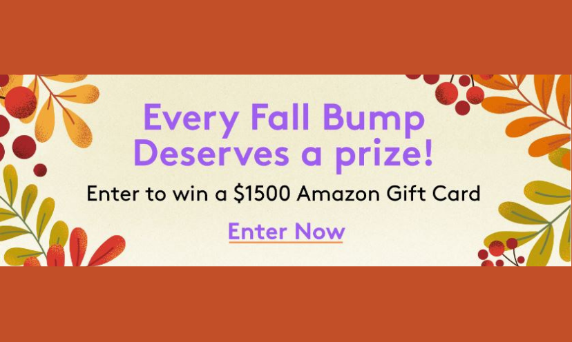 This photo starts with a border of imitation fall leaves and berries. The text says "Every Fall Bump Deserves a prize" and "enter to win a $1500 Amazon Gift Card"!