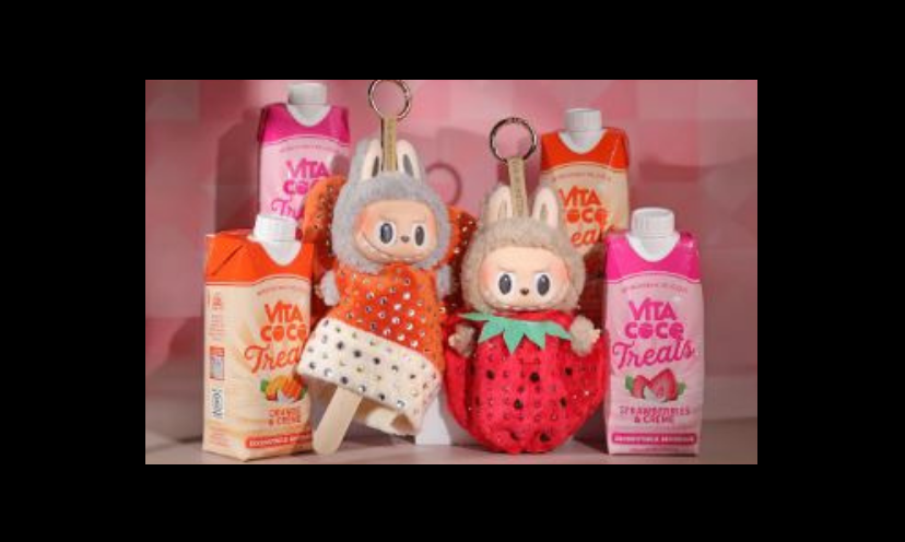 This photo connects the prizes in this giveaway as it shows what a Labubu collectible is in case you aren't aware. There are two cute representatives nestled in a display of Vita Coco boxes.