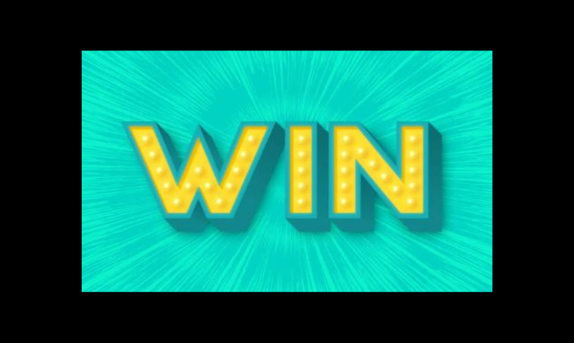 This is a photo with an aqua background and the word "WIN" in simulated golden lights.