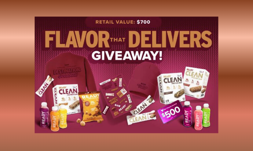 This photo spells out the "Flavor that Delivers Giveaway" title followed by the contents in the prize package. From a sweatshirt to a beanie cap to healthy snacks and a $500 gift card...it's all there!