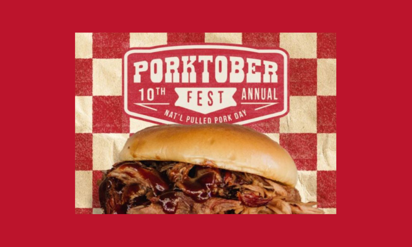 This photo starts with a red and white checkered background that's topped with an irresistible Sonny's BBQ sandwich. The caption says "Porktober Fest...10th annual nat'l pulled pork day"!