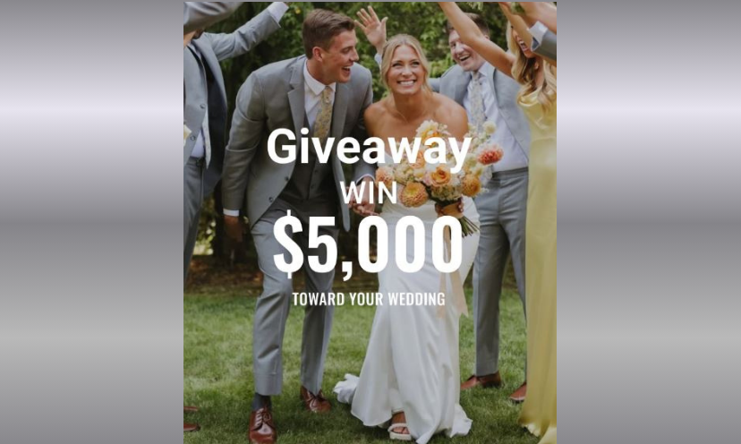 This photo features a bride and groom surrounded by friends celebrating their union. The caption in the center of it all says "Giveaway...win $5,000 toward your wedding"!