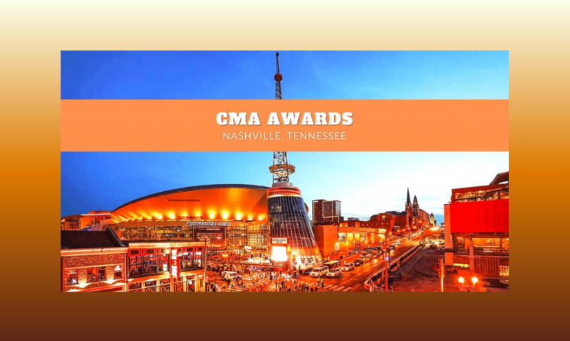 This photo features an outdoor view of the bright lights surrounding the country music awards location in Nashville. A banner across the photo says "CMA Awards - Nashville Tennessee"!