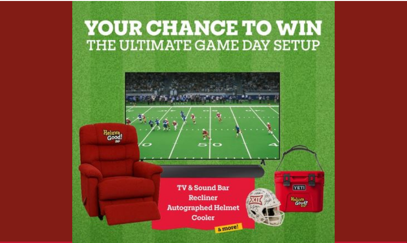 This one photo sums up this sports themed giveaway as it features the TV, recliner, cooler, soundbar and collectors helmet. The caption says "your chance to win the ultimate game day set up"!