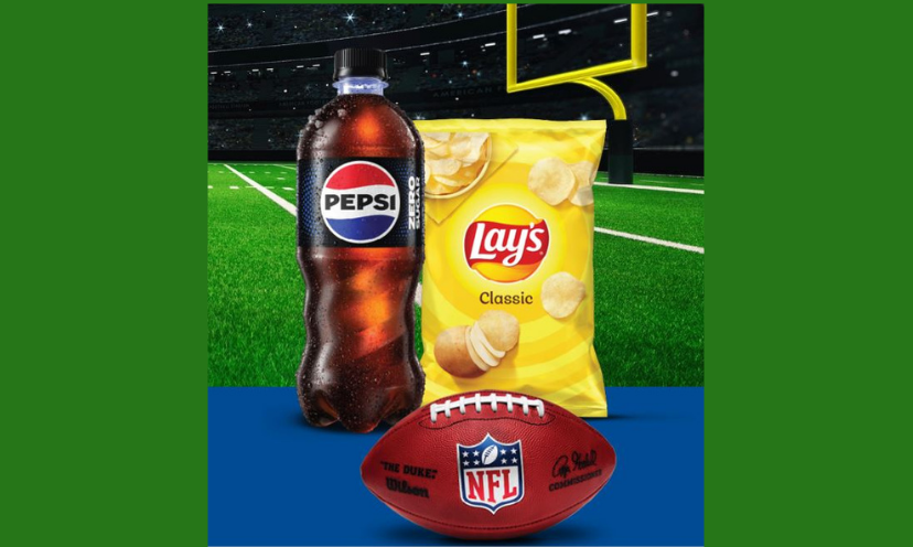 This photo represents the game day giveaway with a close up of a bottle of Pepsi, a bag of lays potato chips and a football with a football field and goalpost in the background!