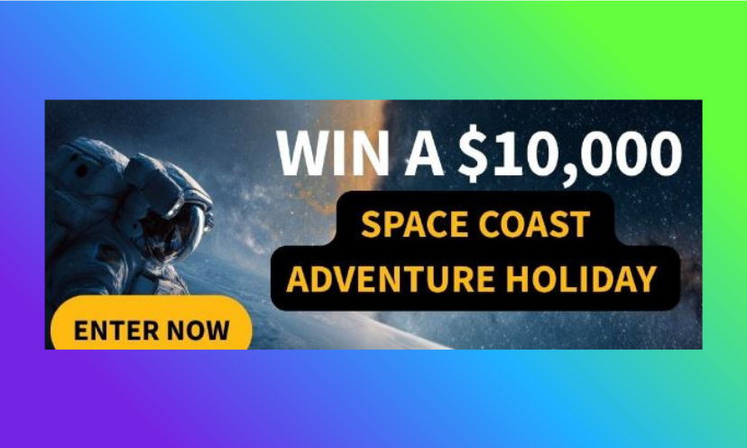 This photo starts with an astronaut beside the caption "win a $10,000 space coast adventure holiday" and the words "enter now" to motivate an entry!