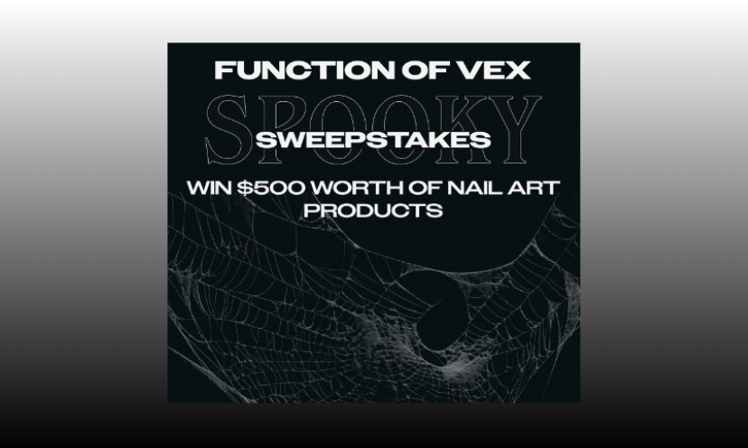 This predominantly black and white photo wraps the wording in spider webs...and those words are: "Function of VEX Sweepstakes" and "win $500 worth of nail art products"!