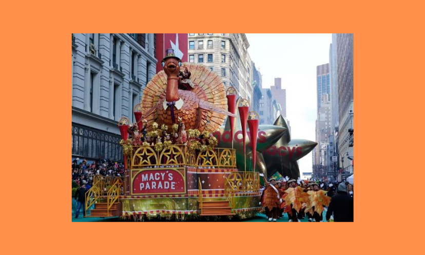 This photo shows the Macy's Thanksgiving Parade in action...complete with the majestic buildings and the famous Macy's turkey float!
