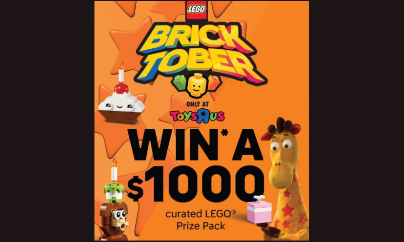 This colorful photo shares a lot...from the Lego and Toys R Us logos to Lego creations to the big announcement of "Brick-Tober" where it adds "Win a $1,000 curated Lego prize pack"!