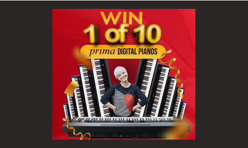 This photo shows a lady standing amidst ten keyboards...as is being offered in this giveaway. The caption says "Win 1 of 10 prima digital pianos"!