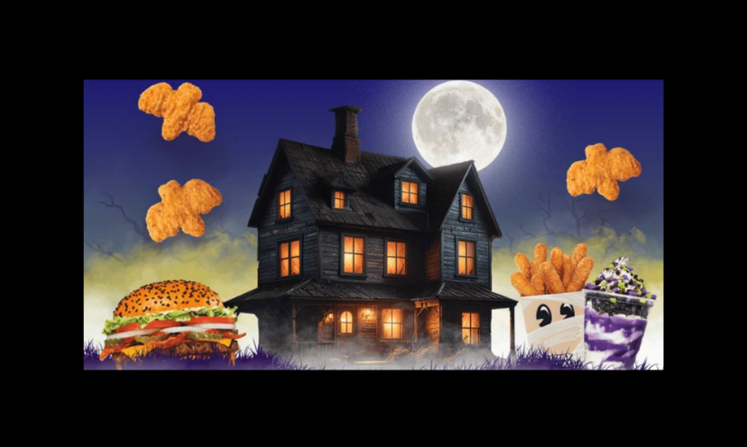 This photo shares the vibe of the "Burger King Monster Mansion Sweepstakes and Instant Win" with a haunted house, full moon, a Halloween Whopper, mummy fries and chicken nuggets in bat form!