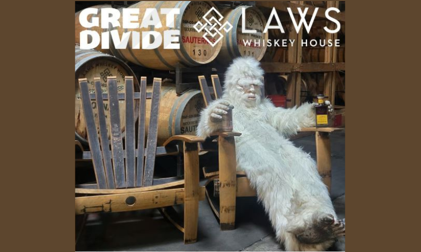 This unique photo starts with the Great Divide and Laws Whiskey House logos followed by the custom barrel chairs that are entertaining a white and fuzzy guest of honor!