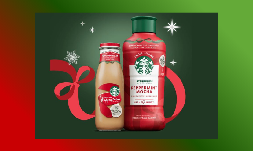This photo shows a festive duo of holiday Starbucks choices...with a bottled frappe on the left and a peppermint mocha on the right!